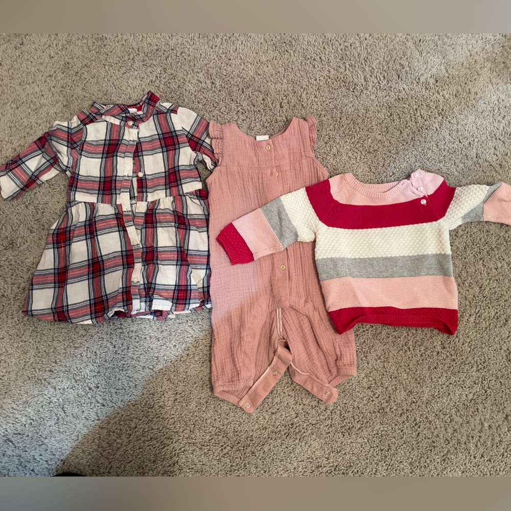 H&M Holiday Outfits -Plaid Dress and Red Striped Sweater 6-9m, Pink Onsie 2-4m